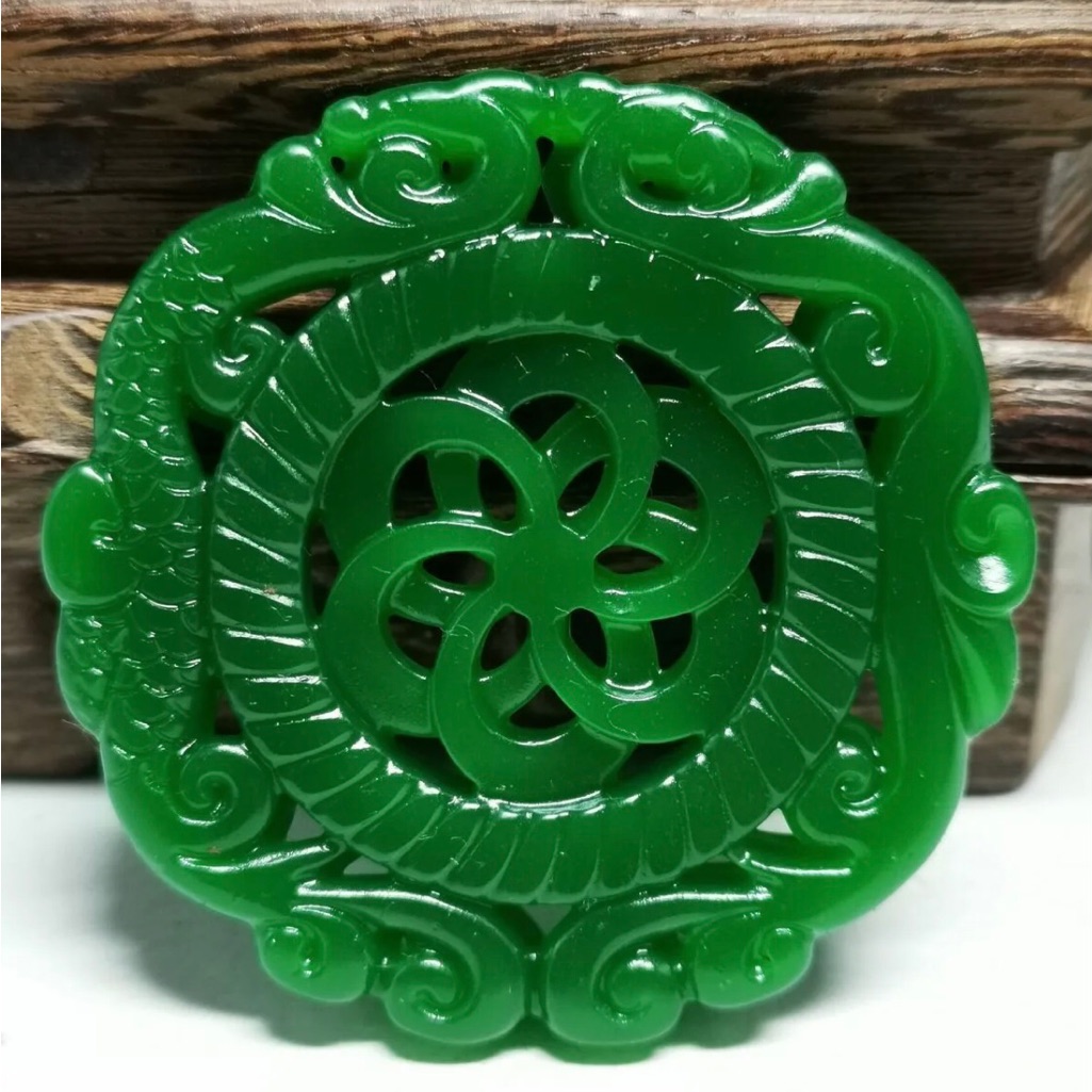 Beautiful Chinese Natural A Spinach Green Jade Hand Carved Double Dragon Pendant